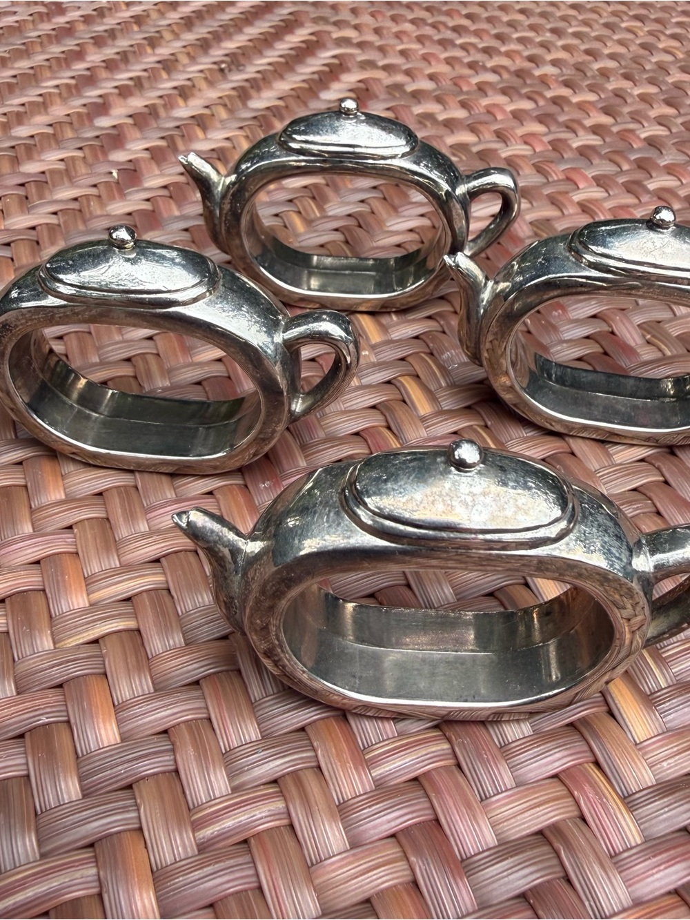 Set of 4 Silver Tone Cottagecore Teapot Shaped Napkin Ring Holders